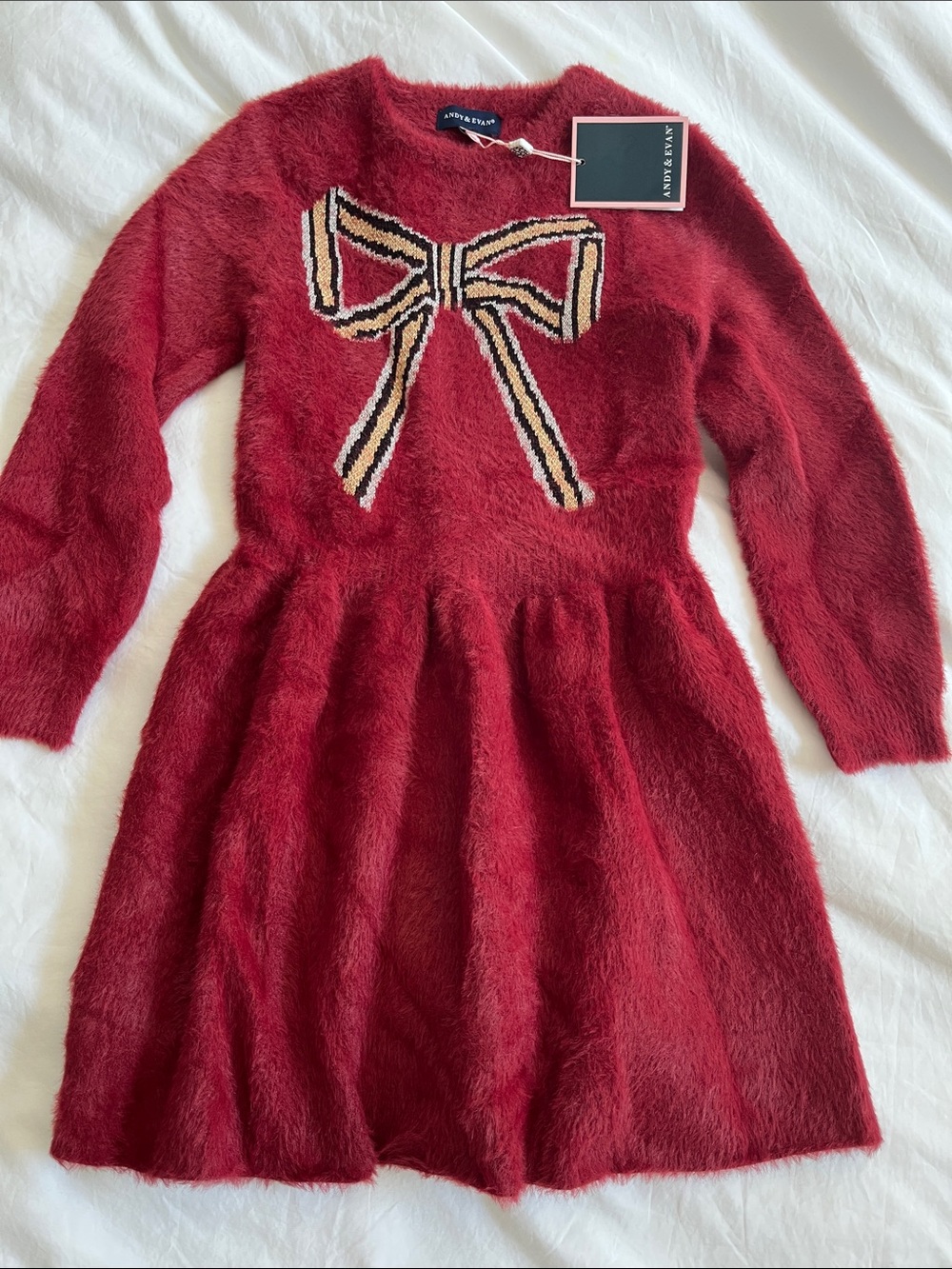 Andy & Evan Kids Eyelash Long Sleeve Sweater Dress with Bow Graphic